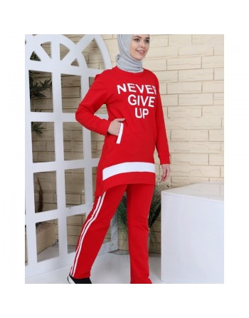 Survêtement femme "Never Guive Up" (Tenue Hijab sport) - Couleur rouge et blanc 