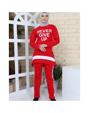 Survêtement femme "Never Guive Up" (Tenue Hijab sport) - Couleur rouge et blanc 