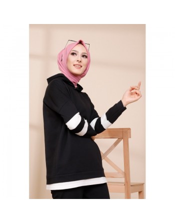 Survêtement femme deux pièces bicolore à capuche (Ensemble sport hijab pas cher) - Couleur noir avec bandes blanches 