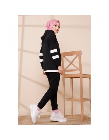 Survêtement femme deux pièces bicolore à capuche (Ensemble sport hijab pas cher) - Couleur noir avec bandes blanches 