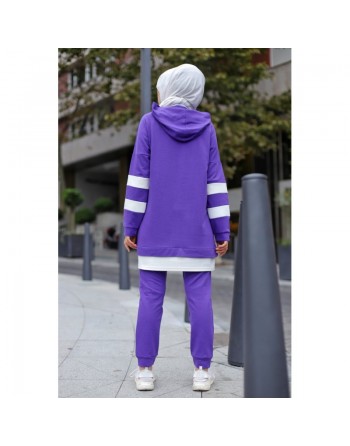 Survêtement femme deux pièces bicolore à capuche (Ensemble sport hijab pas cher) - Couleur violet avec bandes blanches 