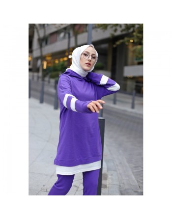 Survêtement femme deux pièces bicolore à capuche (Ensemble sport hijab pas cher) - Couleur violet avec bandes blanches 