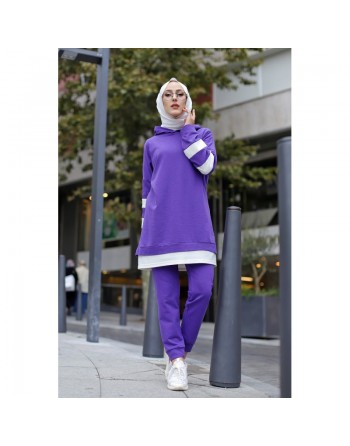Survêtement femme deux pièces bicolore à capuche (Ensemble sport hijab pas cher) - Couleur violet avec bandes blanches 
