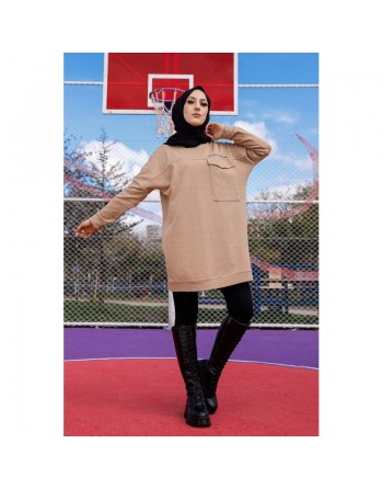 Tunique décontractée ample avec grande poche (Sweat femme Hijab) - Couleur vison 