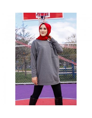 Tunique décontractée ample avec grande poche (Sweat femme Hijab) - Couleur gris foncé 