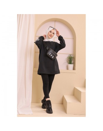 Tunique décontractée avec manches à motif fleurs (Tenue Hijab pour femme musulmane) - Couleur noir 