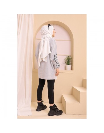 Tunique décontractée avec manches à motif fleurs pour femme (Tenue Hijab moderne) - Couleur gris clair 