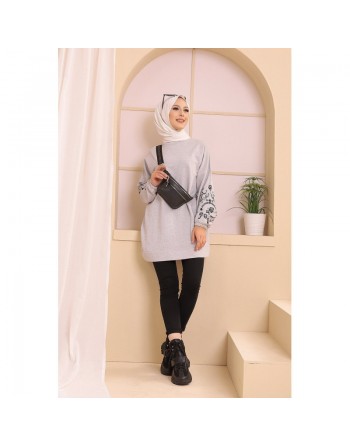 Tunique décontractée avec manches à motif fleurs pour femme (Tenue Hijab moderne) - Couleur gris clair 