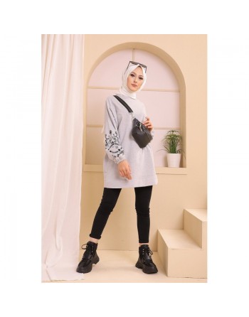 Tunique décontractée avec manches à motif fleurs pour femme (Tenue Hijab moderne) - Couleur gris clair 