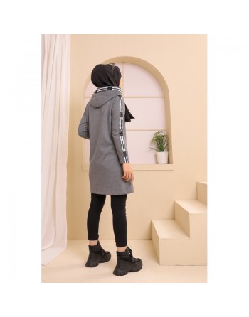 Sweatshirt long avec capuche style moderne décontracté et sport (Vêtement femme musulmane) - Couleur gris foncé 