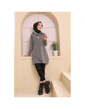 Sweatshirt long avec capuche style moderne décontracté et sport (Vêtement femme musulmane) - Couleur gris foncé 