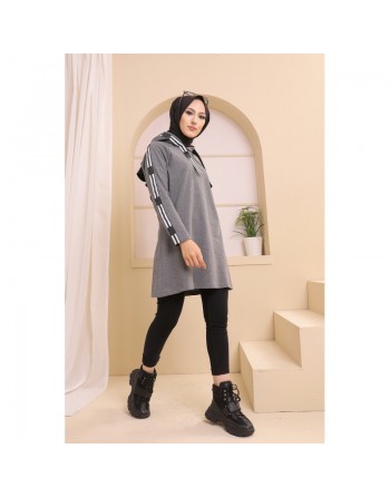 Sweatshirt long avec capuche style moderne décontracté et sport (Vêtement femme musulmane) - Couleur gris foncé 