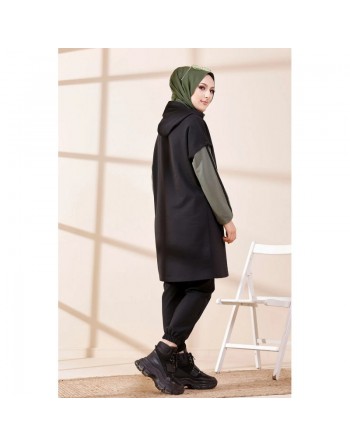 Tunique bicolore avec capuche pour femme (Hijab moderne et style décontracté) - Couleur noir et kaki 
