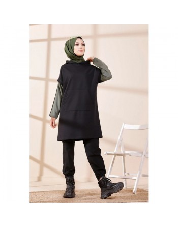 Tunique bicolore avec capuche pour femme (Hijab moderne et style décontracté) - Couleur noir et kaki 