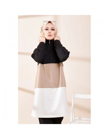 Tunique à capuche tricolore (Vêtement décontracté moderne pour femme voilée) - Couleur noir, blanc et vison 