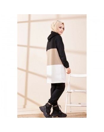 Tunique à capuche tricolore (Vêtement décontracté moderne pour femme voilée) - Couleur noir, blanc et vison 