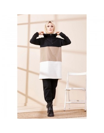 Tunique à capuche tricolore (Vêtement décontracté moderne pour femme voilée) - Couleur noir, blanc et vison 