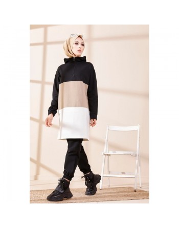 Tunique à capuche tricolore (Vêtement décontracté moderne pour femme voilée) - Couleur noir, blanc et vison 