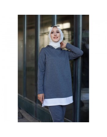 Survêtement femme deux pièces (Tenue moderne pour hijab) - Couleur gris foncé et blanc 
