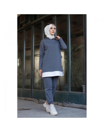 Survêtement femme deux pièces (Tenue moderne pour hijab) - Couleur gris foncé et blanc 