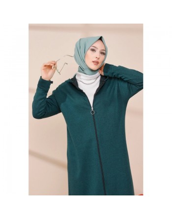 Cardigan Gilet long zippé style décontracté et sport col à capuche pour femme voilée - Couleur vert émeraude 