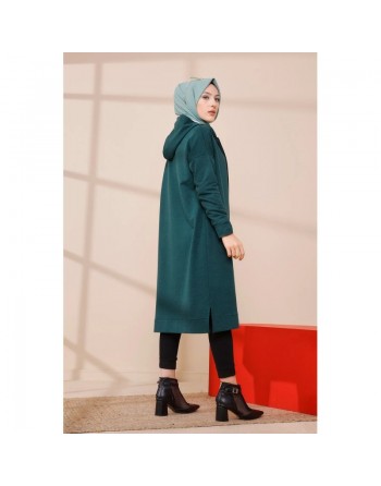 Cardigan Gilet long zippé style décontracté et sport col à capuche pour femme voilée - Couleur vert émeraude 