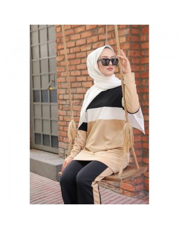 Ensemble survêtement décontracté 2 pièces (haut et bas) de couleur noir et beige (Vêtement turque pour femme) 