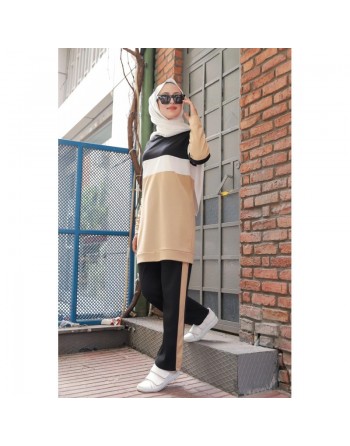 Ensemble survêtement décontracté 2 pièces (haut et bas) de couleur noir et beige (Vêtement turque pour femme) 