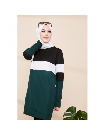 Ensemble survêtement décontracté 2 pièces de couleur noir et vert émeraude pour femme (Vêtement de sport pour Hijab) 
