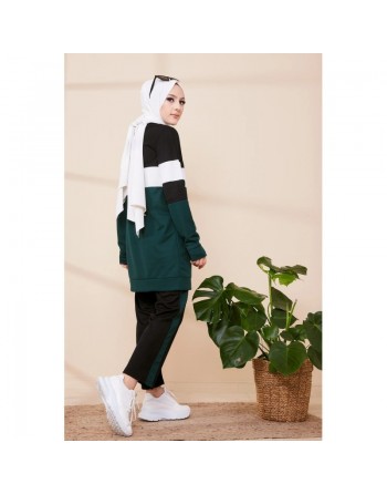 Ensemble survêtement décontracté 2 pièces de couleur noir et vert émeraude pour femme (Vêtement de sport pour Hijab) 