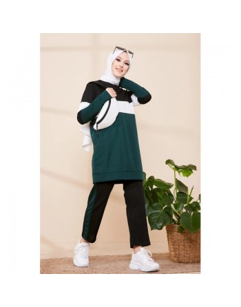 Ensemble survêtement décontracté 2 pièces de couleur noir et vert émeraude pour femme (Vêtement de sport pour Hijab) 