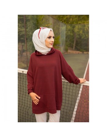Sweat ample à capuche pour femme imprimé au dos "I am where are you?" (Tenue Sport pour Hijab) - Couleur Bordeaux 