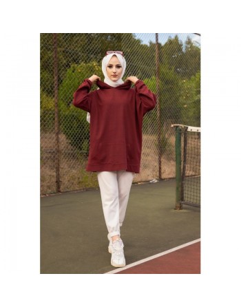 Sweat ample à capuche pour femme imprimé au dos "I am where are you?" (Tenue Sport pour Hijab) - Couleur Bordeaux 
