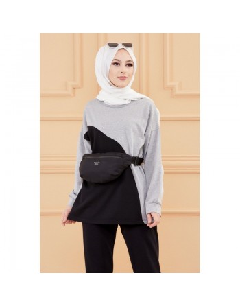 Ensemble moderne bicolore pour femme (Vêtement hijab style sport) - Couleur noir et gris 
