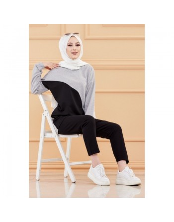Ensemble moderne bicolore pour femme (Vêtement hijab style sport) - Couleur noir et gris 