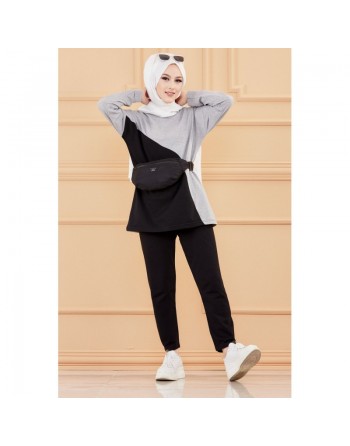 Ensemble moderne bicolore pour femme (Vêtement hijab style sport) - Couleur noir et gris 