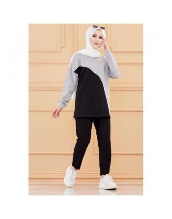 Ensemble moderne bicolore pour femme (Vêtement hijab style sport) - Couleur noir et gris 