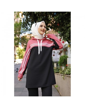 Survêtement femme (Tenue Décontractée et Sport pour Hijab) - Couleur noir et rose 