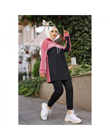 Survêtement femme (Tenue Décontractée et Sport pour Hijab) - Couleur noir et rose 