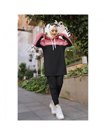Survêtement femme (Tenue Décontractée et Sport pour Hijab) - Couleur noir et rose 