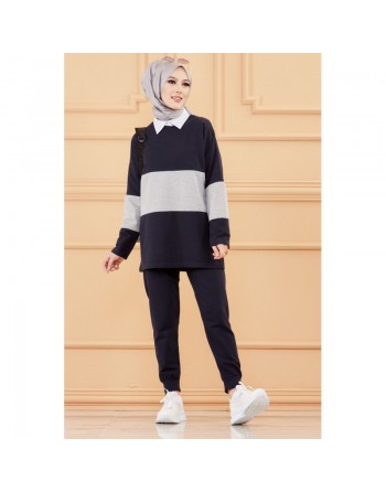Ensemble décontracté pour femme (Hijab sport) - Couleur bleu marine et gris 
