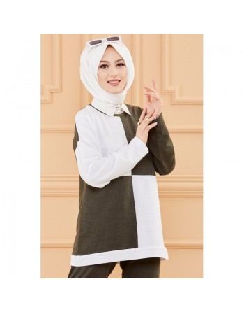 Ensemble femme bicolore (Tenue hijab décontracté et sport - Collection 2024) - Couleur blanc et kaki 
