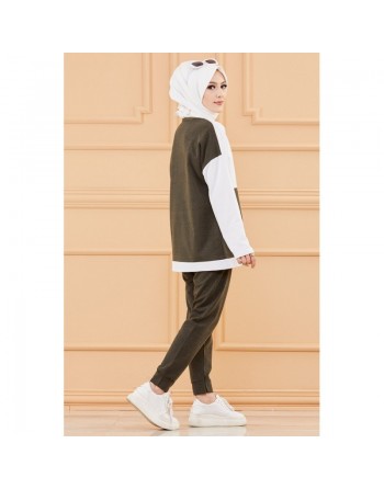 Ensemble femme bicolore (Tenue hijab décontracté et sport - Collection 2024) - Couleur blanc et kaki 