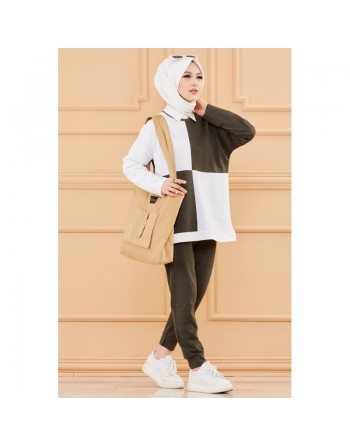 Ensemble femme bicolore (Tenue hijab décontracté et sport - Collection 2024) - Couleur blanc et kaki 