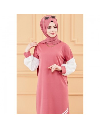 Robe moderne style décontracté (Vêtements modernes pour femmes musulmanes) - Couleur rose et blanc 