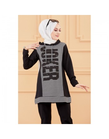 Tunique à capuche imprimée Joker (Mode femme voilée) - Sweater long à capuche - Couleur noir 