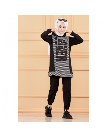 Tunique à capuche imprimée Joker (Mode femme voilée) - Sweater long à capuche - Couleur noir 
