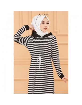 Robe à capuche et lien de serrage (Vêtement moderne pour Hijab) - Couleur rayures noires 
