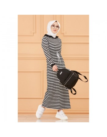Robe à capuche et lien de serrage (Vêtement moderne pour Hijab) - Couleur rayures noires 