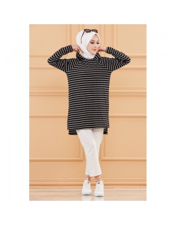Tunique pour femme (Vêtement Hijab Style Sport et Décontracté) - Rayures de couleur noir 